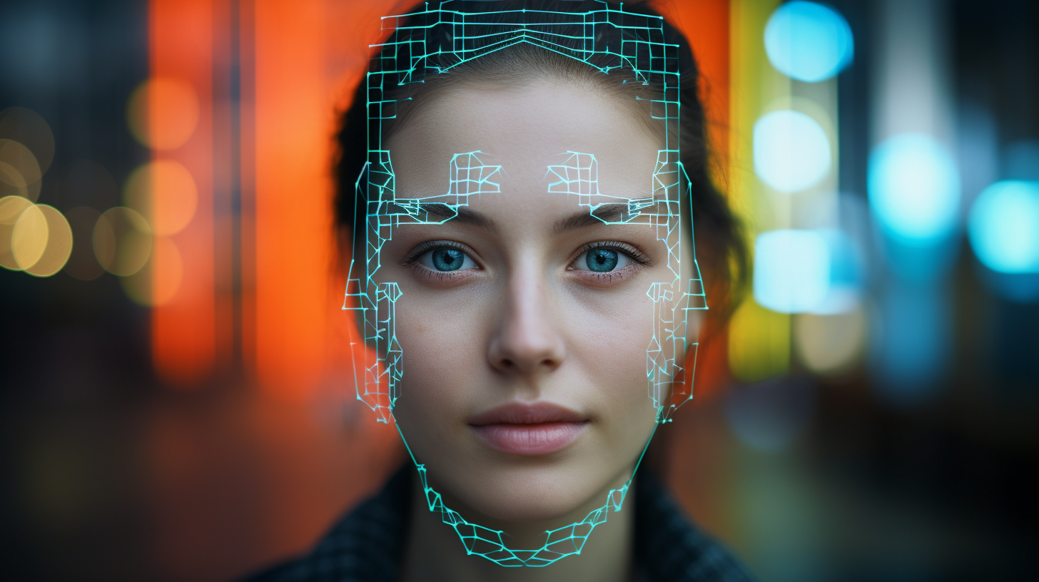 Primer plano de un rostro femenino con un diseño de análisis facial digital superpuesto, con un fondo desenfocado.
